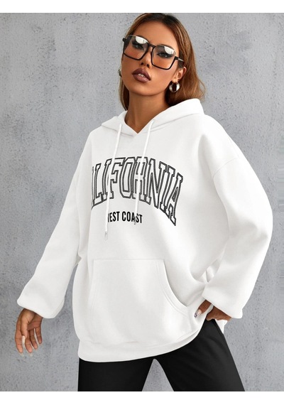 Unisex Calıfornia Baskılı Kapüşonlu Sweatshirt Beyaz Beyaz