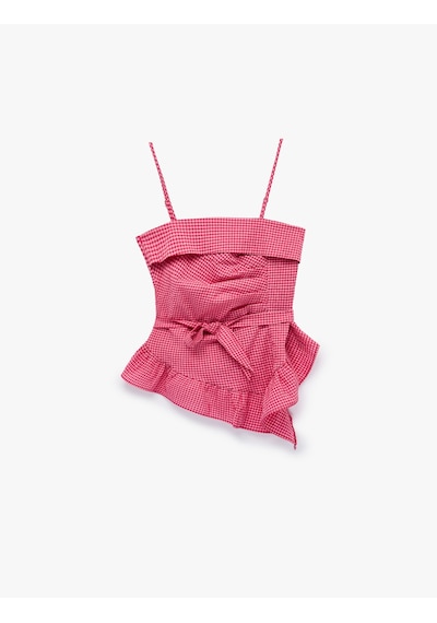 Koton Gipeli Slim Fit Bağlama Detaylı Pötikareli İnce Askılı Asimetrik Bluz Pembe Desenli 6sak30155ew
