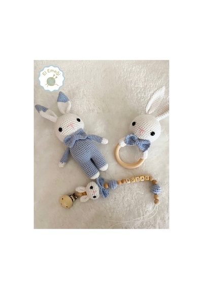 Yenidoğan Amigurumi Örgü Tavşan Diş Kaşıyıcı Ve Emzik Zinciri 3'lü Bebek Hediye Seti - Mavi