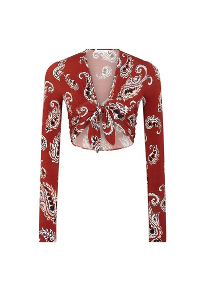 Rabanne Uzun Kollu Desenli Crop Top Kırmızı