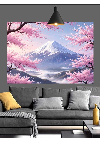 Japon Kiraz Çiçekleri Fuji Dağı Dekoratif Kanvas - Mdf Ahşap Tablo