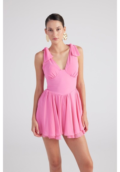 Holly Lolly Çıkarılabilir Korseli Gloplu Mini Şifon Fiona Elbise Pembe