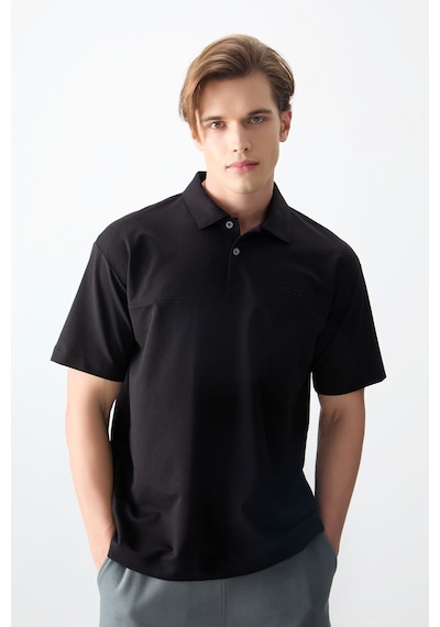 Air Jones Tommy Life Siyah Pamuklu Kalın Yumuşak Dokulu Polo Yaka Oversize Fit Basic Erkek T- Shirt - 88382 Siyah