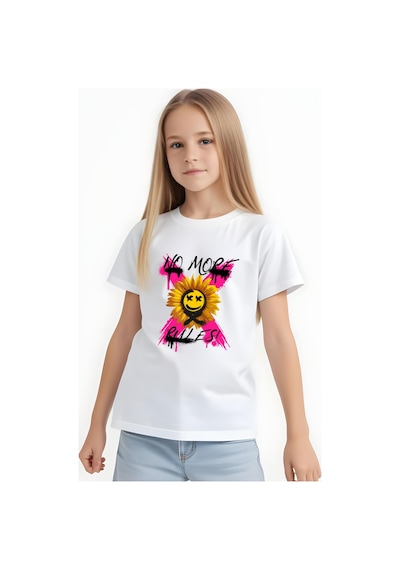 Panios Kids X Rules Baskılı Kız Çocuk Kısa Kollu T-shirt Beyaz