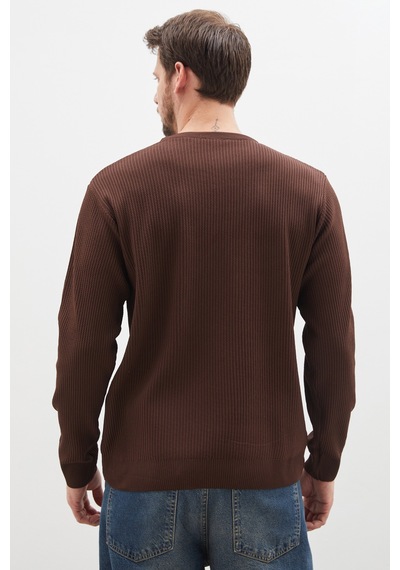 Fullamoda Waffle Dokulu Bisiklet Yaka Regular Fit Triko Kazak Kahve