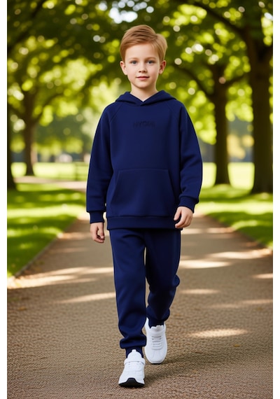 Frm Erkek Çocuk Kapüşonlu Polo Yaka Oversize Pamuklu Örme Takım Kalit Lacivert