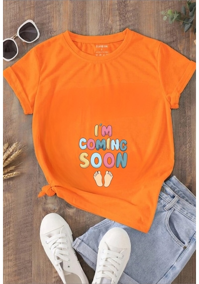 Caxis I'm Coming Soon Baskılı Oversize Hamile Tişört Turuncu