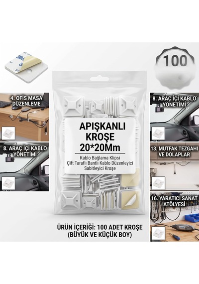 Tr Yapışkanlı Kroşe 20x20 Mm 100 Adet - Kablo Bağlama Klipsi, Çift Taraflı Bantlı Kablo Düzenleyici Sabitleyi Genel