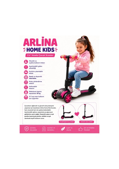 Combo Oturaklı 3 Tekerlekli Katlanabilir Led Işıklı Scooter Pembe