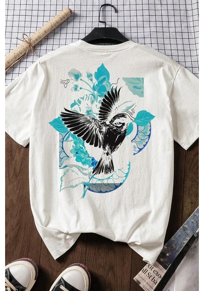 Spoyi Floral Wings Tasarımlı %100 Pamuk Yarım Oversize Beyaz T-shirt