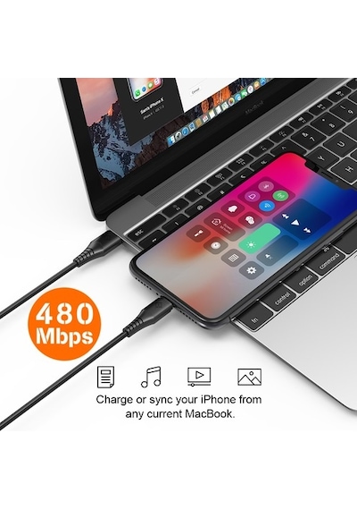 Omars Novoo Type-C Apple iPhone Uyumlu Lightning Hızlı Şarj Kablosu Siyah- 1.2