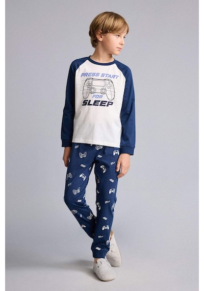 Defacto Baskılı Uzun Kollu Pijama Üstü Uzun Pijama Altı 2li Pijama Takımı Erkek Çocuk H6664a826aunv147 Lacivert-nv147