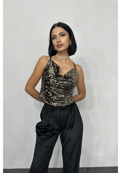 Defymoda Gold Askılı Degaje Bluz Gold