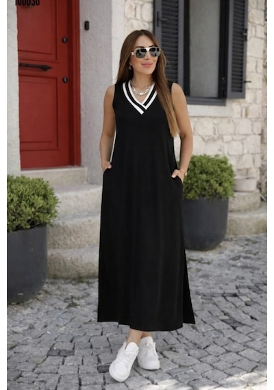 Veraura Lifestyle Kadın Kolsuz V Ribana Yakalı Cepli Uzun Viskon Iki Iplik Elbise Siyah