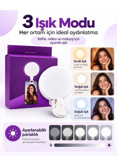 Şarjlı Klipsli Selfie Işığı 3 Işık Modlu Ayarlanabilir Parlaklık Telefon Tablet Laptop Video Çekim Dolgu Işığı