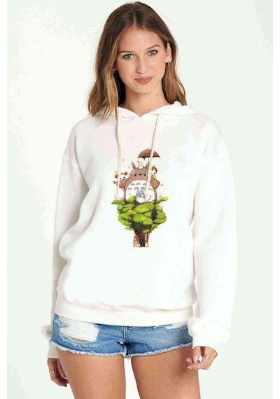 My Neighbor Komşum Totoro Baskılı Beyaz Kadın Kapşonlu Sweatshir (534767394)
