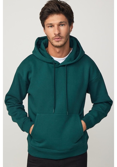 Tudors Oversize Pamuk Kapüşonlu Basıc Yeşil Unisex Sweatshirt-29408-yeşil Yeşil