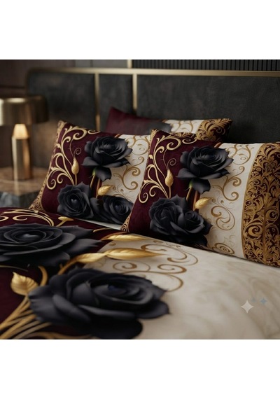 Özel Tasarım Marka Çift Kişilik Nevresim Takımı Organik Saten & Pamuk Luxury Premium Deluxe Seri Gül Çeyiz Kırmızı Beyaz Ranforce Solmaz Kırmızı - Siyah