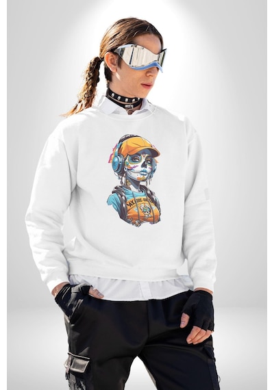 Robot Kız Müzik Kulaklık Şapka Unisex Beyaz Baskılı Sweatshirt Beyaz
