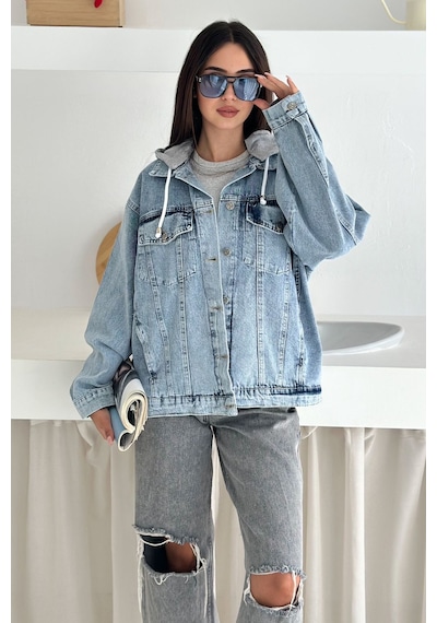 Kadın Oversize Kapüşonlu Cepli Gömlek Ceket Katmanlı & Rahat Stil Mavi