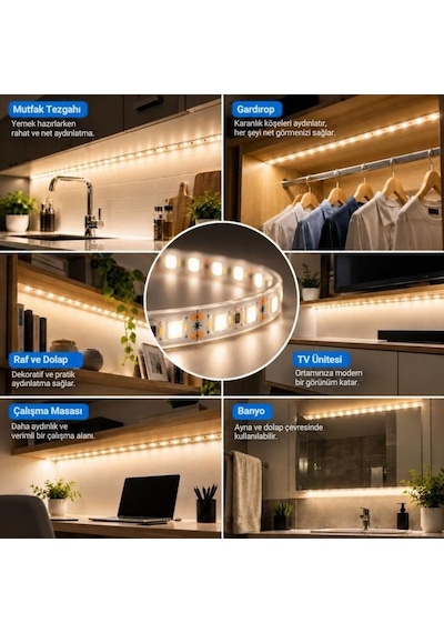 Şerit Led 5 Metre Mutfak Dolabı Tezgah Altı Aydınlatma Adaptörlü Butonlu Tak Çalıştır Sb-6556 Gün Işığı
