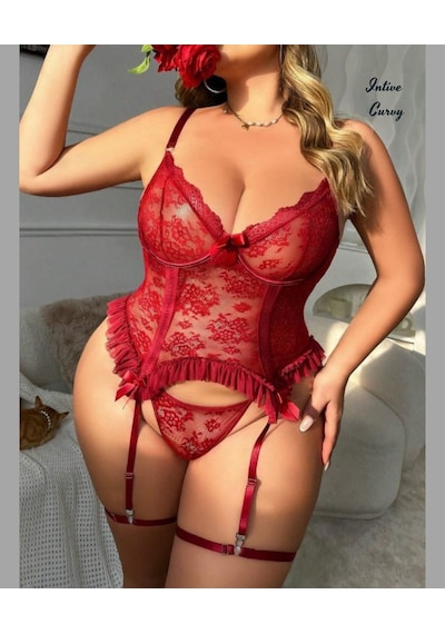 Intive Curvy Bordo Tül Fırfır Detaylı Büyük Beden Bacak Aksesuarlı Jartiyer Takım Bordo