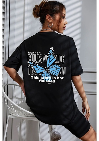 Unisex Kelebek Baskılı T-shirt Siyah