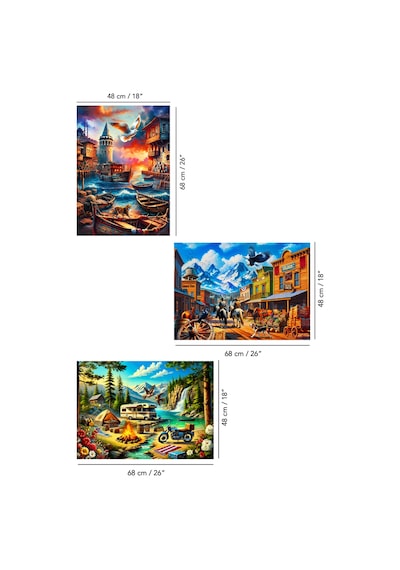 3 Adet 1000 Parça Puzzle - Galata Kulesi Manzara, Kamp Ateşi Ve Vahşi Batı Kasabası Yapboz 68x48 Cm