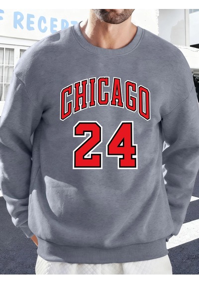 Startmore Tarzsokak Chicago Number 24 Letter Baskılı Erkek Kazakları Rahat Sokak Modası Polar Sweatshirt Yuvarlak Gri