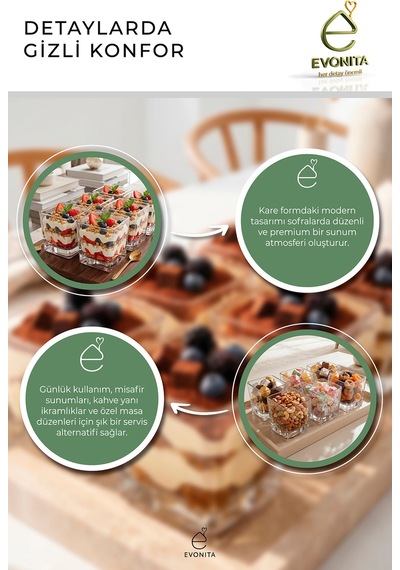 6 Lı Cam Magnolia Kasesi Kare Tatlı Sunum Kasesi Tiramisu Çerezlik Reçellik 400 Cc Şeffaf