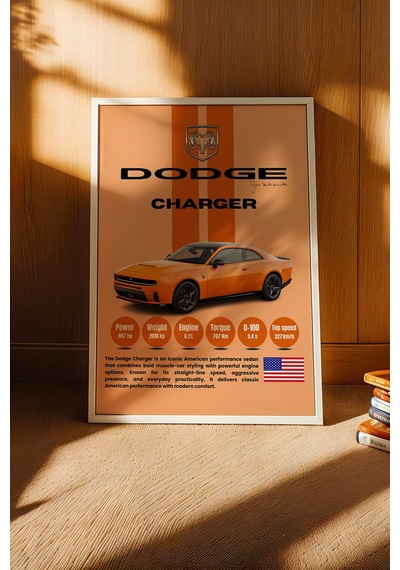 Dodge Charger Araba Tablosu - Teknik Özellikli Otomobil Poster - Çerçeveli Duvar Dekoru Beyaz
