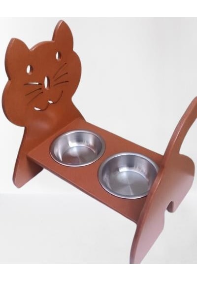 Hobi Erc 90373 Model Kedi Mama Ve Su Kabı Seti Mdf Ceviz Renk Paslanmaz Tabak