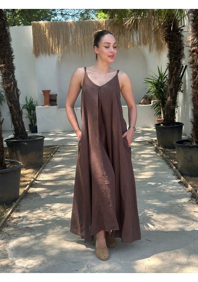 Yazlık Keten Askılı Oversize Elbise Kahverengi