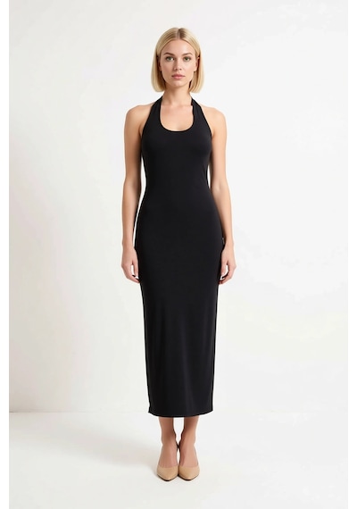 Benerly Kadın Havuz Yaka Kolsuz Bodycon Midi Elbise %96 Polyester Elastan Siyah