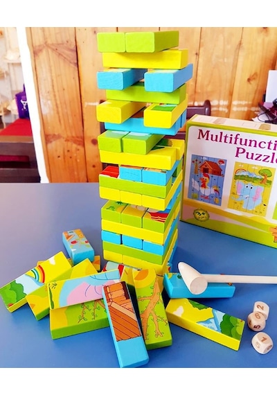 3'Lü Hayvan Figürlü Ahşap Jenga Puzzle Oyunu-Ahşap Domino Jenga