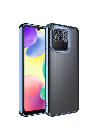 Fibaks Redmi 10c/poco C40 Uyumlu Kılıf Kamera Lens Korumalı Şeffaf Renkli Logo Gösteren Parlak Kapak Mavi