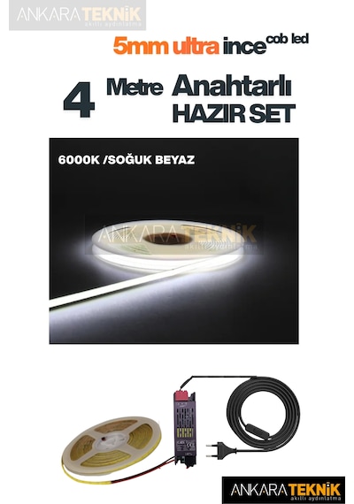 Ankara Teknik 5mm Ultra Ince Cob Şerit Led - 6000k Soğuk Beyaz 12volt Tak Çalıştır Anahtarlı Set Metre Seçiniz 4 Metre