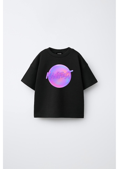Fasardi Manifest Girls Logo Baskılı Oversize Pamuk Kısa Kollu Unisex Çocuk Tişört Siyah