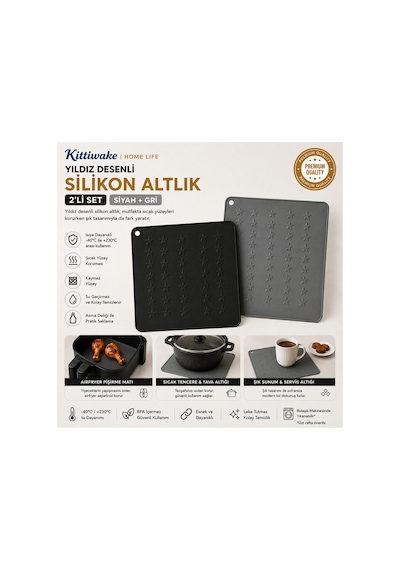 2 Li Siyah Ve Gri Silikon Nihale Seti 16x16 Cm Sıcak Tencere Tava Altlığı Masa Tezgâh Koruyucu Diğer