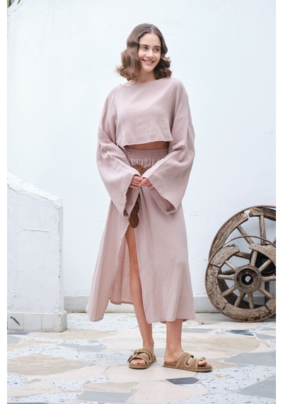 Unika Boutique Ham Keten Bohem Bluz Etek Takım Pembe