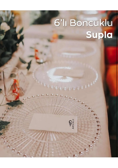 Boncuklu Supla Sunum Servis Organizasyon Düğün Tabağı Malzemesi Plastik 6 Adet Şeffaf