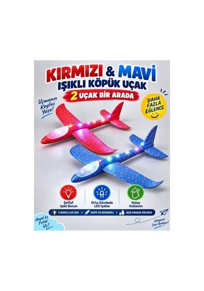 2 Li Led Işıklı Köpük Uçak Seti Kırmızı & Mavi Hafif Dayanıklı Fırlatma Uçağı Açık Hava Oyuncağı - 921732546