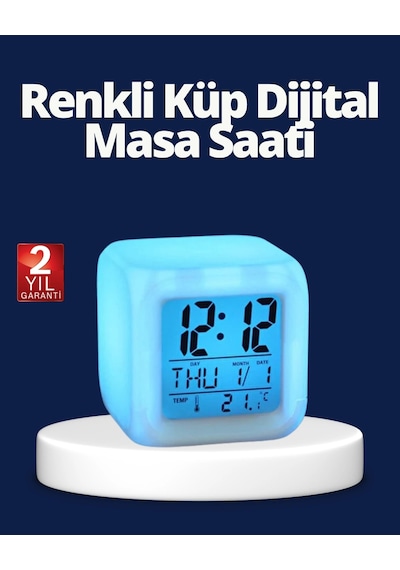 Renk Değiştiren Led Alarmlı Dijital Küp Masa Saati Renkli