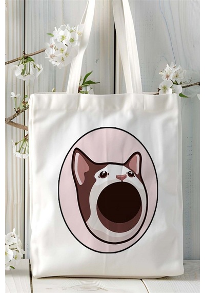 Art Hediye Popcat Baskılı Bez Çanta Omuz Çantası Kişiye Özel Desen 2 Çok Renkli