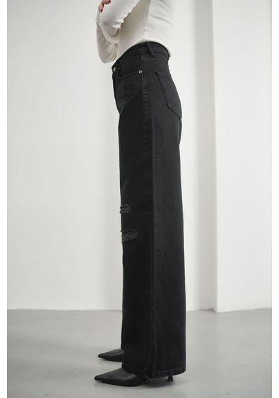 HLT Jeans Kadın Siyah Yırtıklı Wide Leg Yüksek Bel %100 Pamuk Jean Kot Pantolon Jessica-2038