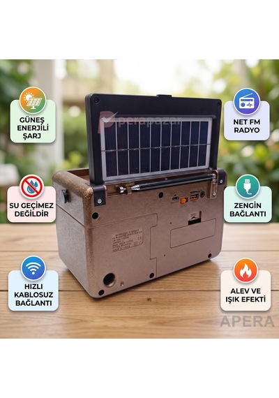 Fepe Fp-611-s Güneş Panelli Bluetooth Radyo Şömine Alev Efektli Aynalı Şarjlı Taşınabilir Hoparlör Koyu Kahve