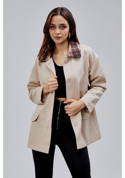 Mia Vizon Ekose Yaka Cepli Oversize Trençkot