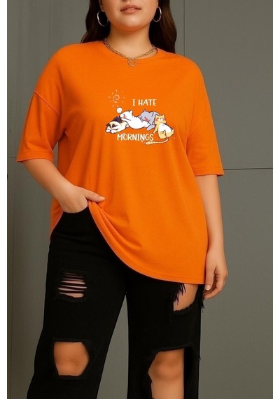 Büyük Beden Uyuyan Kediler Unisex Tişört Turuncu
