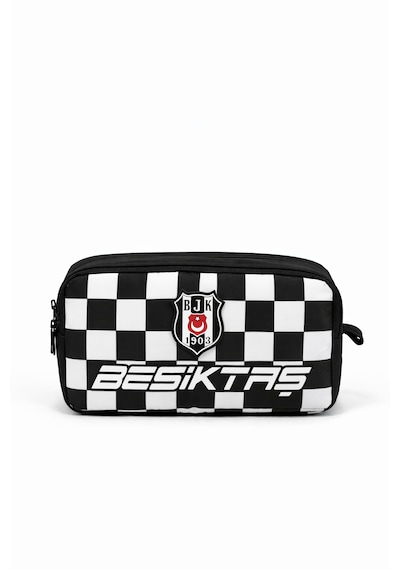 Beşiktaş Lisanslı Siyah Kare Desenli Kalemlik - Çift Bölmeli Rubber Logolu Okul Kalem Çantası Siyah - Beyaz