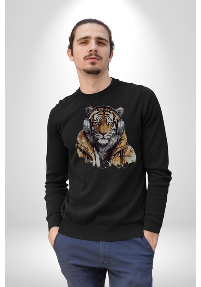 Müzik Dinleyen Kaplan İnsan Mont Unisex Siyah Baskılı Sweatshirt Siyah
